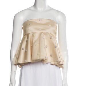 Natasha Zinko Strapless Peplum Tube Top Gold Embroidered Pom Pom Flowers sz 4-6